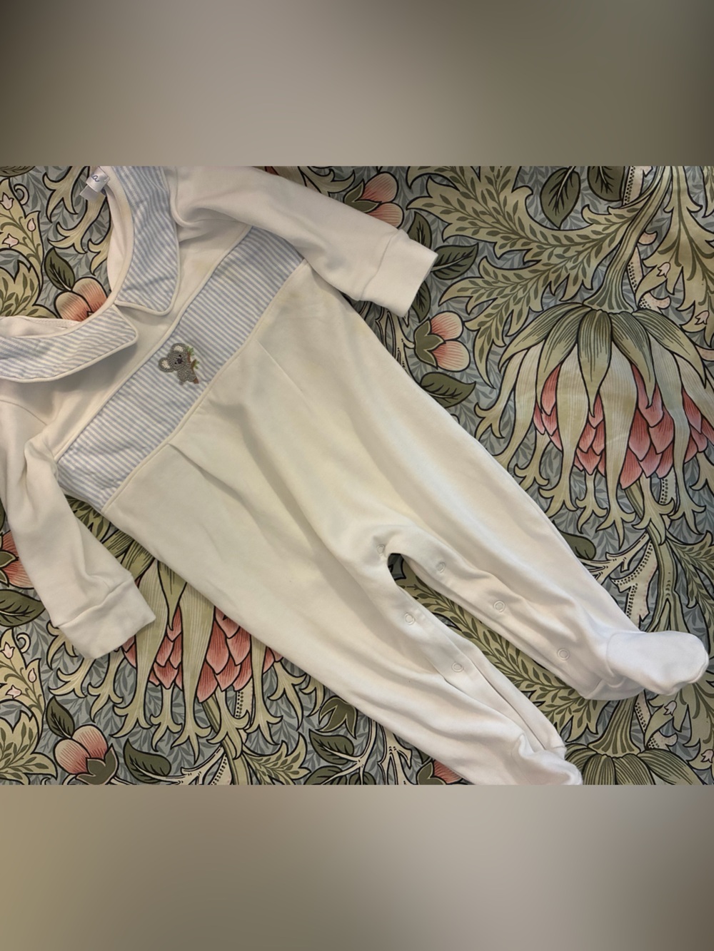 Classic White Baby Footed One-Piece with Light Blue Trim & Knit Koala